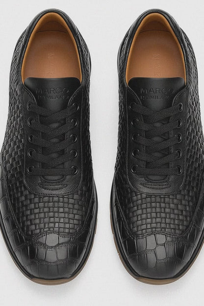 Marco Di Milano Roma Men's Shoes Black Genuine Caiman Crocodile / Woven Leather Fashion Sneakers