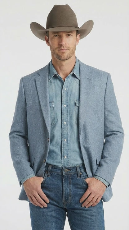 Mens Rugby Teal Baby Sky Western Blazer – Cowboy Style Casual Sport Coat for Men Classic Western Jacket in Light Blue Color