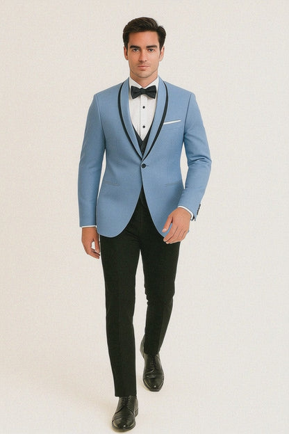 Mens Designer Satin Trim Valencia Tuxedo in Sky Blue