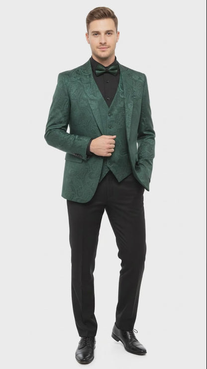 Mens Emerald Green Paisley Tuxedo 3-Piece Suit  Slim Fit Formal Blazer, Vest, and Pants for Weddings, Proms