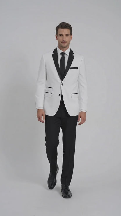 Boys White and Black Two Tone Tuxedo Suit, 2 Button Wedding Party Dinner Jacket with Black Pants