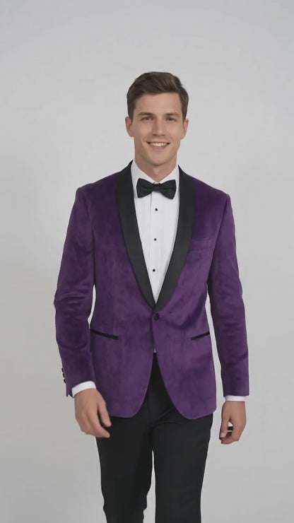 Men’s Purple Velvet Tuxedo Dinner Jacket – One Button Black Shawl Lapel Formal Blazer for Prom, Wedding and Party