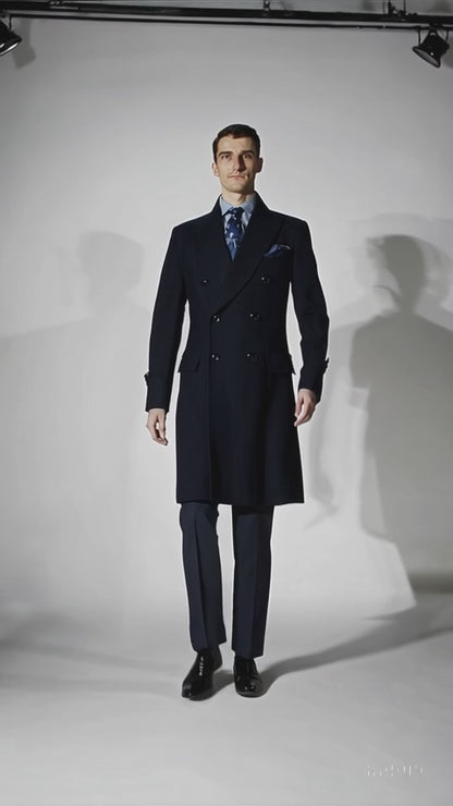 "Men's Navy Wool Peacoat  Double Breasted 3/4 Length Overcoat"