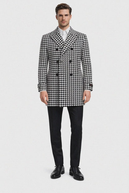 Mens Overcoat - Topcoat For Men - Winter Fabric - Houndstooth Overcoat - Houndstooth Topcoat - Houndstooth Single Breasted Checker Car Coat
