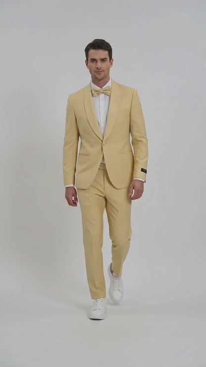 Men’s Light Yellow Shawl Lapel Tuxedo – Modern Wedding, Prom & Groom Formal Suit + Matching bowtie