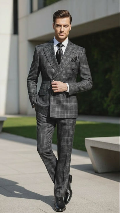 Mens Charcoal Plaid Double-Breasted Suit   Tailored Pants Windowpane Pattern By Rossiman