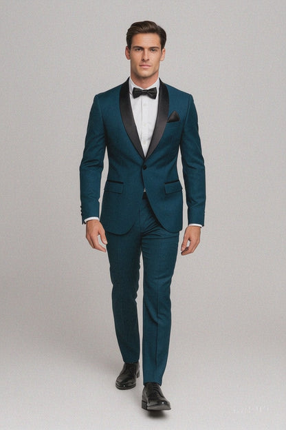 Mens Slim Fit 1 Button Shawl Lapel Tuxedo in Teal