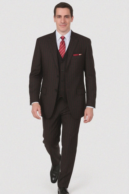 Mens 3 Button Peak Lapel Bold Pinstripe Gangster Suit in Black & Red