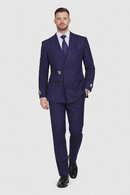 Men’s Navy Blue Double Breasted Wool Suit with Signature Buckle Closure Designer Tailored Fit
