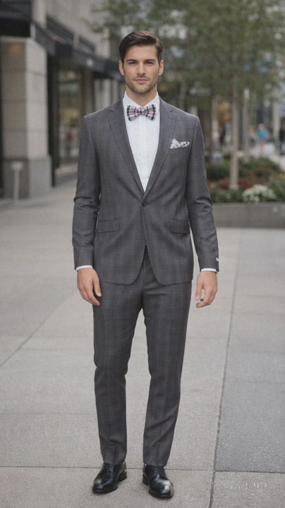 Men'S Rossiman Rossi Man Brand Charcoal Plaid Tapered Leg Lower Rise Pants & Get Skinny 1 Button Slim Fit Peak Lapel Suit