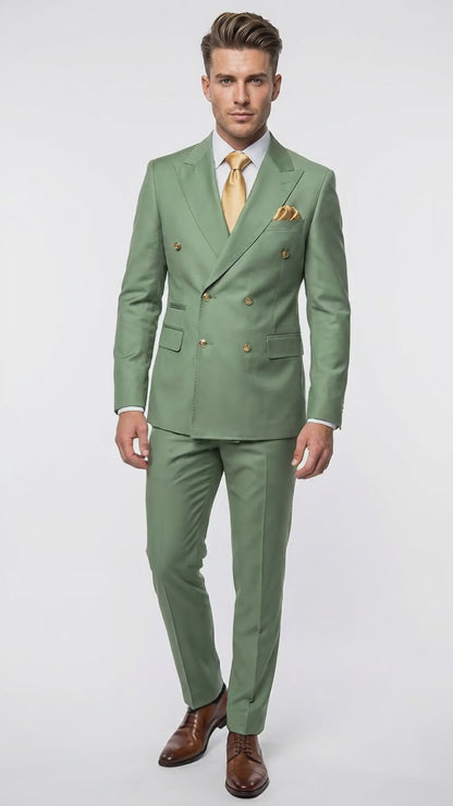 Men’s Sage Green Double Breasted 2 Piece Suit with Gold Buttons, Pistachio Formal Dress Suit