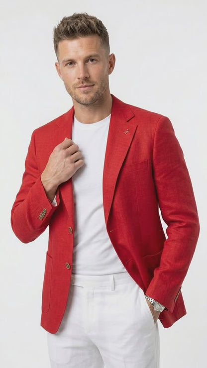 Men’s Red Linen Blazer, Lightweight Business Casual Wedding Sport Coat Jacket
