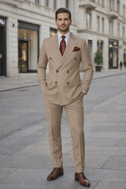 Suits With Baggy Pleated Pants - Wide Leg Pants 100% Wool - Classic Fit in Light Brown with Brown Pinstripe Color by Rossiman