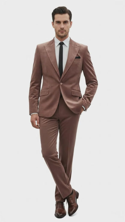 Mens Mauve Velvet Suit  2 Piece Ultra Slim Fit Blazer and Pants Formal Set in Light Brown Tuxedo