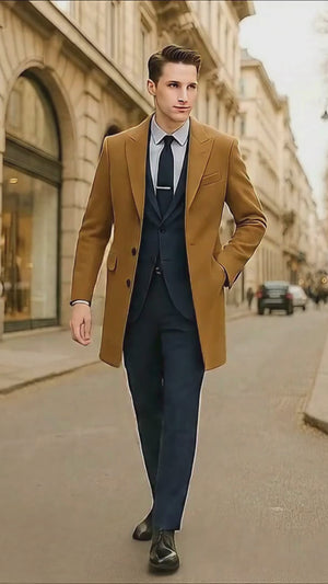 Mens Camel Brown Wool Overcoat  Classic Long Dress Coat for Business and Casual Wear in Vecuna Color