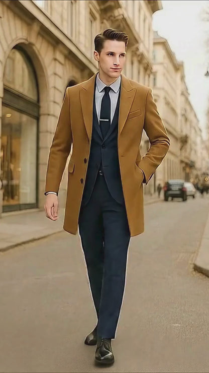 Mens Camel Brown Wool Overcoat  Classic Long Dress Coat for Business and Casual Wear in Vecuna Color