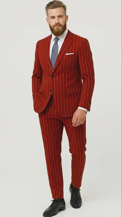 Men's Red Pinstripe Suit - Stripe Two-Button Vested Suit 2 Buttons