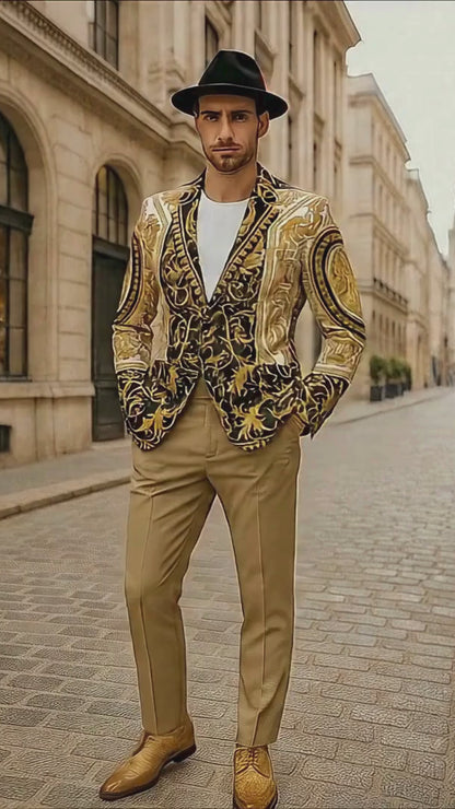 Mens Black and Gold Baroque Blazer with Matching Pants, Hat, and Shoes  Luxury Party and Wedding Outfit Set