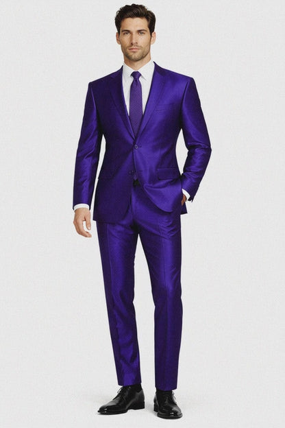Mens Modern Fit Shiny Sharkskin Suit in Purple