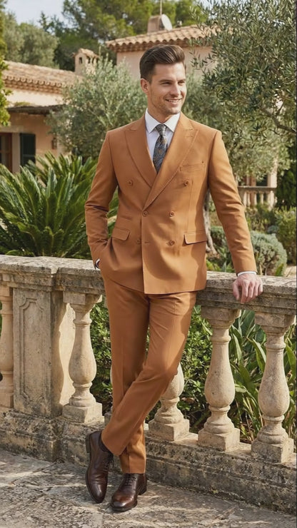 Mens Vitali Brand Rustish Orange Brown Copper Color Double Breasted Slim Fit Suit
