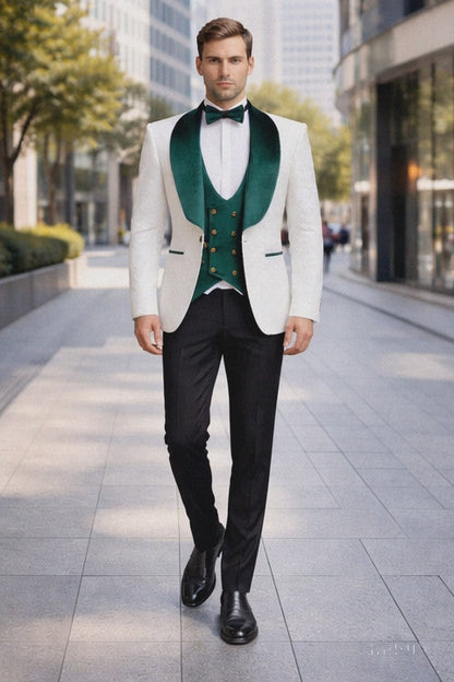 Mens Groom Wedding Shawl Collar - Paisley Green Velvet 4pc Suit W/ Matching Bowtie