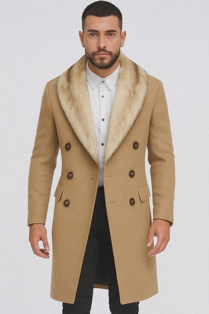 Camel Hair Overcoat - Peacoat With Fur Collar - Double Breasated Wool And Cashmere Coat