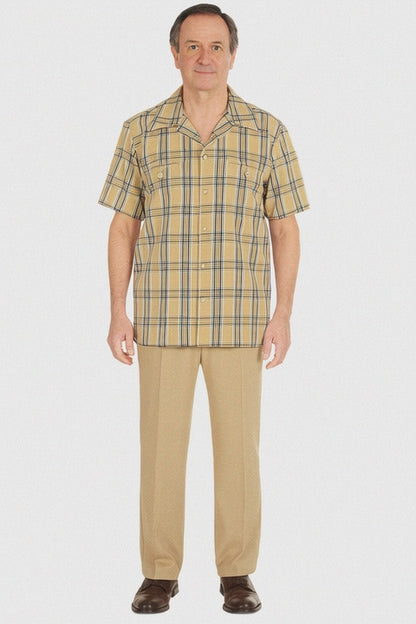Classic Beige Plaid Short Sleeve Button-Up Shirt for Men