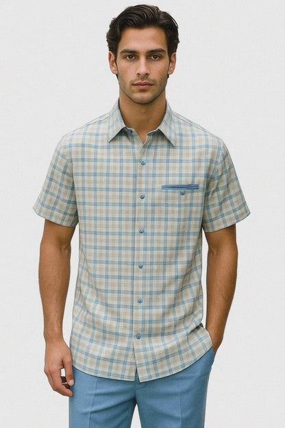 Mens Plaid Walking Suit in Powder Blue by Dreams by Zacchi  2 Piece Leisure Outfit with Matching Shirt and pant - $99