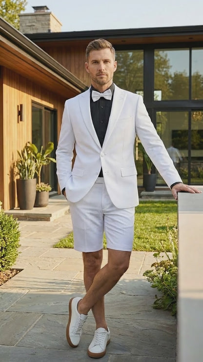 Men’s White Tuxedo Suit with Shorts – Modern Formal Blazer and Short Pants Set for Wedding, Prom Summer Fabric