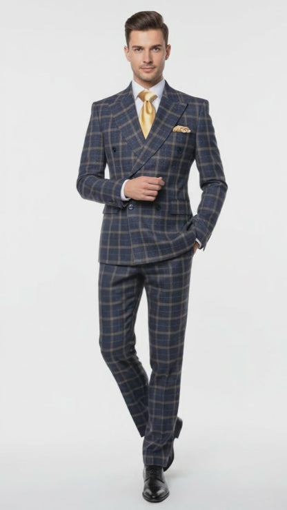 Mens Navy and Tan Windowpane Double-Breasted Suit | Classic 2-Piece Plaid Dress Suit, Business, and Formal Events By Rossiman
