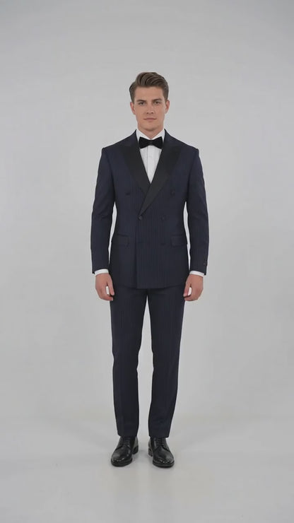 Men’s Navy Blue Double-Breasted Tuxedo – Tone-on-Tone Shadow Pinstripe Formal Wedding and Prom Suit