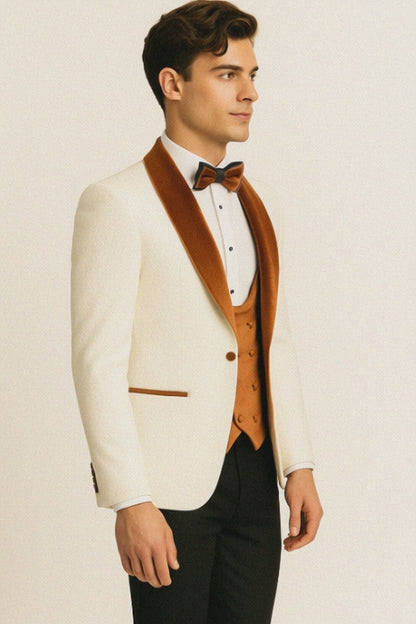 Mens Groom Wedding Shawl Collar - Paisley Burnt Orange Velvet 4pc Suit W/ Matching Bowtie
