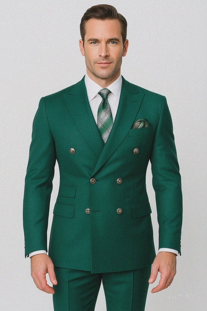 Mens Designer Modern Fit Double Breasted Wool Suit with Gold Buttons in Hunter Green