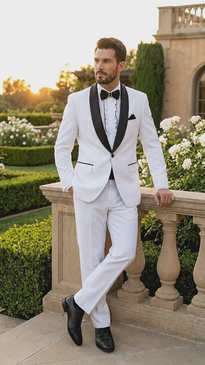 Men’s White and Black Classic Microfiber Shawl Tuxedo with Jacket and Pants, Formal Wedding Suit