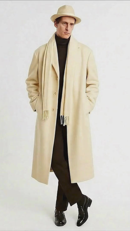 Mens Long Cream Overcoat Wool Fabric in Ivory Off White Color Full length