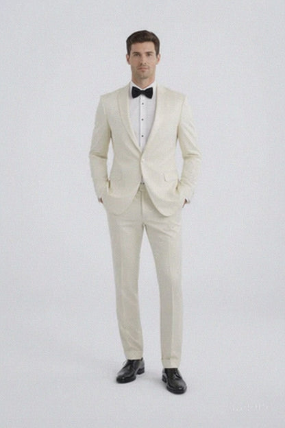 Men’s Designer Ivory Slim Fit Tuxedo – Peak Lapel Wedding Style