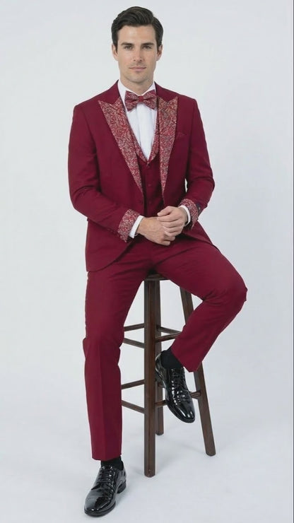 Men's Burgundy and White Embellished Tuxedo Suit  Slim Fit 3-Piece Formal Wedding, Prom, and Gala Outfit