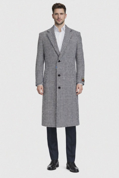 Mens Full Length Wool and Cashmere Overcoat - Winter Topcoats - Black and White Coat