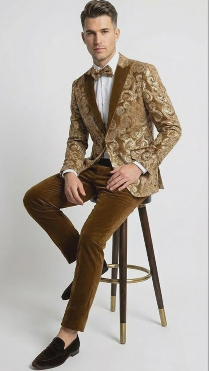 Mens Goldish Light brown Tuxedo dinner Jacket Embroidered Blazer  Velvet Jacket for Formal Paisley Pattern Coffee Mocca Color