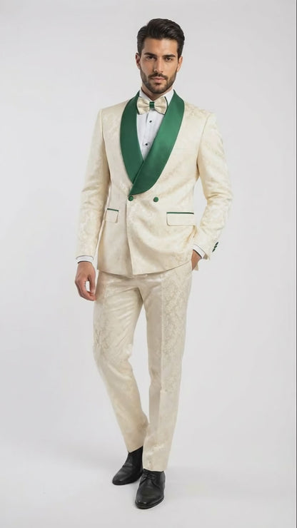 Men's Ivory and Emerald Green Jacquard Tuxedo Suit  Bowtie  3-Piece Formal Wedding, Prom, and Gala Outfit