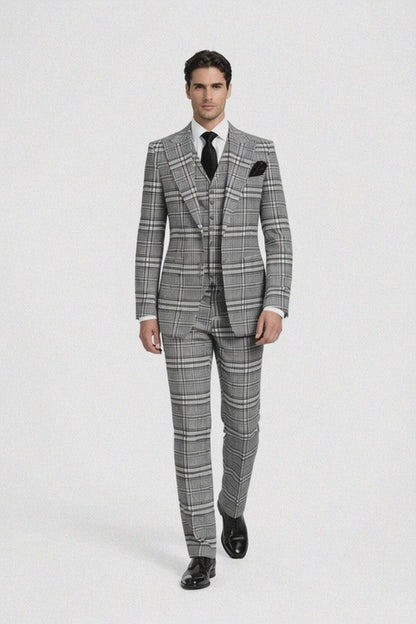 Suits With Baggy Pleated Pants - Wide Leg Pants 100% Wool - Classic Fit in One Button 3 Piece Suit by Rossiman