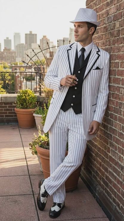 Men’s White Pinstripe 1920s Gangster 3 Piece Suit, Black Contrast Formal Costume Suit for Parties, Prom, Weddings, and Theme Events