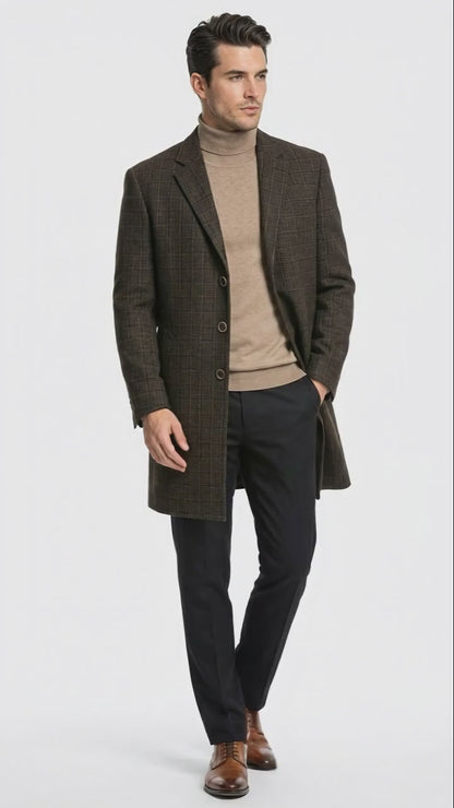 Mens Brown Checkered Wool Overcoat  Long Winter Coat with Classic Plaid Pattern By Statement
