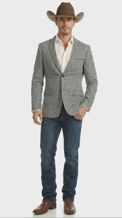Men's Grey Tweed Herringbone Western Blazer Jacket  Style Look, Textured Formal Casual Sport Coat for Jeans