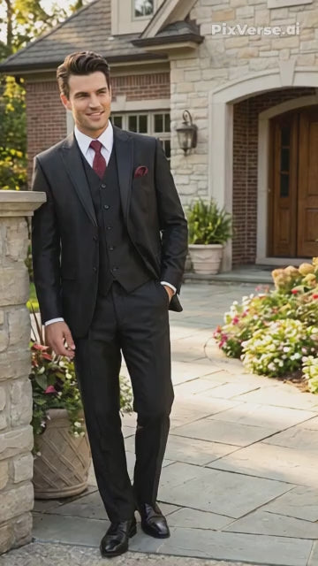 Men’s Black Shiny 3 Piece Tuxedo Groom Suit, Formal Vest Suit for Weddings, Prom, Black Tie Events, Black Lapel