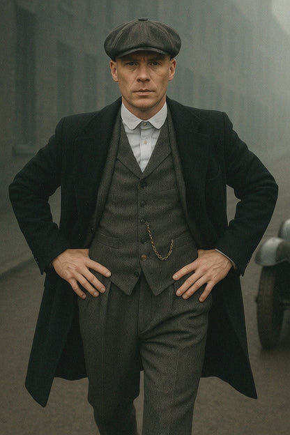 Mens Costume Thomas Shelby Grey 3 Piece Suit with Black Overcoat & Hat