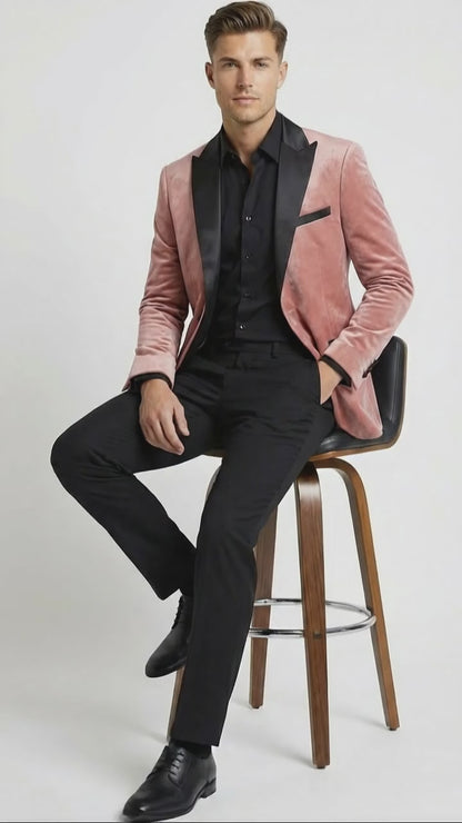 Men’s Dusty Rose Pink Velvet Blazer with Black Satin Lapel | Formal Sport Coat in Mauve Color + Bowtie