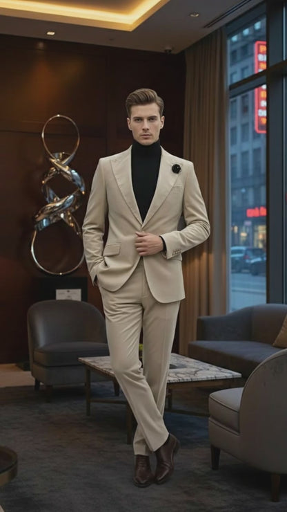 Mens Sand Beige Velvet Tuxedo Suit  2 Piece Slim Fit Blazer and Pants Formal Set - Winter Fabric Natural Color