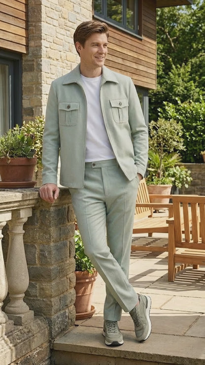Mens Sage Green Walking Suit Set – Casual Safari Military Jacket and Pants Outfit for Travel