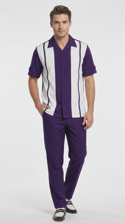 Men’s Purple and White Walking Suit – 2-Piece Short Sleeve Casual Leisure Outfit